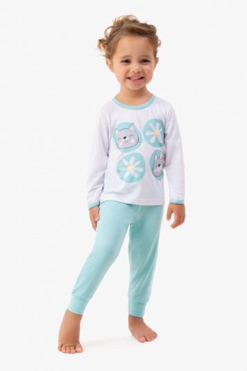 Pijama longo de modal gatinhas infantil - Brilha no escuro