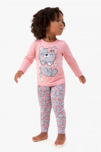 Pijama longo de algodo e modal gatinhas infantil