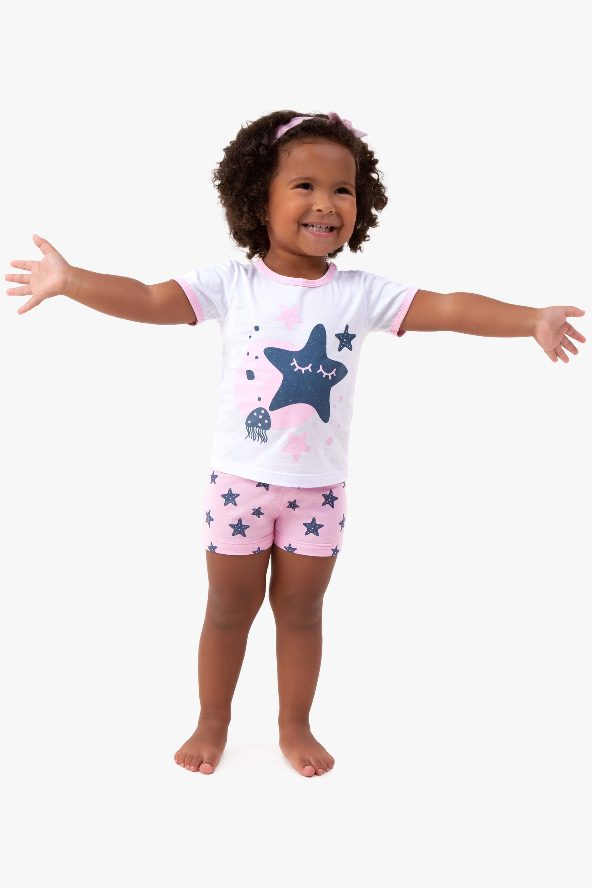 Pijama Curto Liso Vida Marinha Infantil Estampa Glitter Dedeka