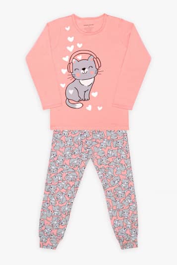 Pijama longo infantil gatinhas - Brilha no Escuro