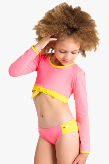 Biquni cropped infantil rosa e amarelo