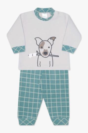 Pijama soft xadrez verde e cachorrinho para beb