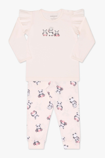 Pijama algodo modal rosa panda chef infantil com babados