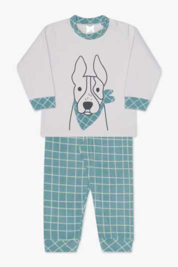 Pijama soft xadrez verde e cachorrinho infantil