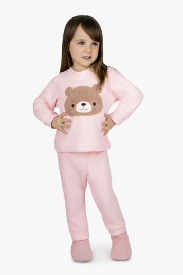 Pijama rosa beb com ursinho aplicado infantil 