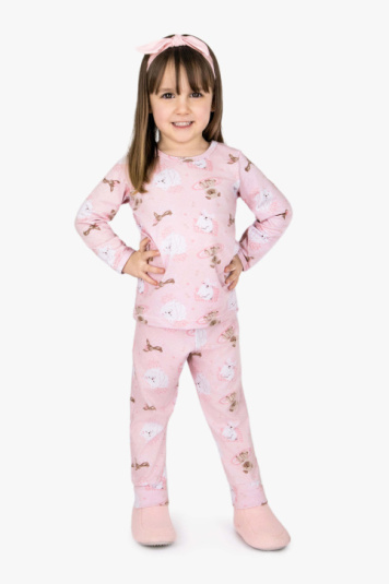 Pijama algodo e modal rosa estampa pet infantil