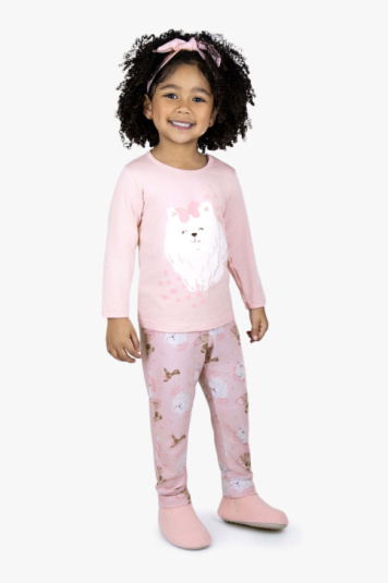 Pijama algodo e modal rosa estampa pet infantil