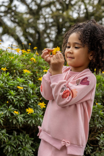 Pijama moletinho rose com estampa tulipas infantil