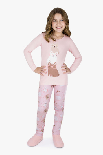 Pijama infantil algodo e modal rosa estampa pet