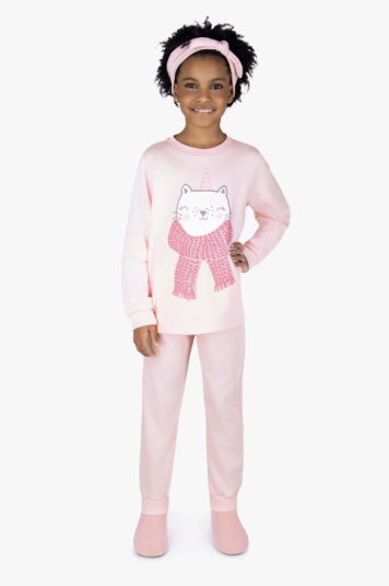 Pijama infantil moletinho rosa gatinho cachecol