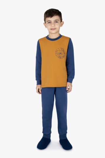 Pijama infantil moletinho azul e laranja estampa leo